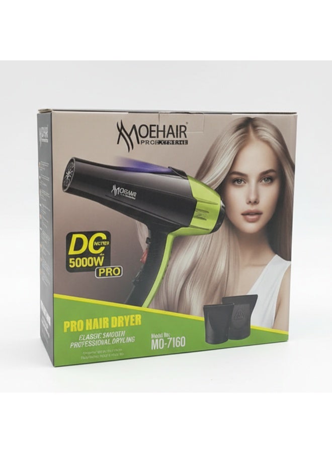MoeHair MO-7160 Professional Hair Dryer for Women, 5000W High Power, Hot & Cold Air, 2 Heat Settings, Volume Diffuser & Concentrator Nozzles, Fast Drying for Home & Salon Use - Image 2